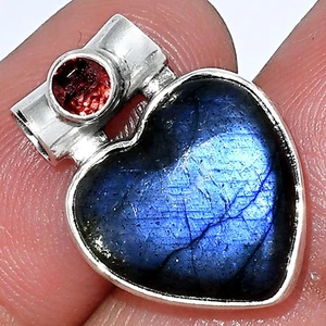 Heart Blue Fire Labradorite & Garnet 925 Sterling Silver Pendant Jewelry P-1300 - Picture 1 of 5