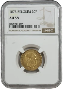 1875 Belgium Gold 20 Francs 0.1867 oz Leopold II Coin NGC AU 58 - Picture 1 of 2