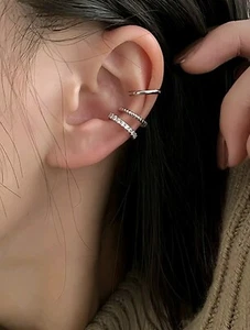 Ear Cuff 3pcs Set Round CZ Silver Plated Cartilage Helix Clip On. - Picture 1 of 5