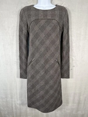Peruvian Connection Grey Check Plaid Wool Mix Shift Dress Size 2 Zipper Accents - Image 1 of 4