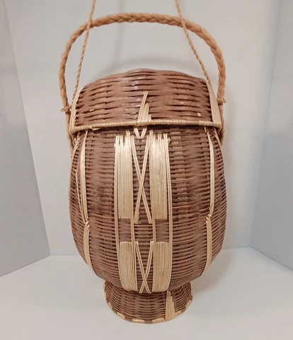 13" Tall Lidded Footed Woven Basket Ethnic Market Decorative with Handle Cover