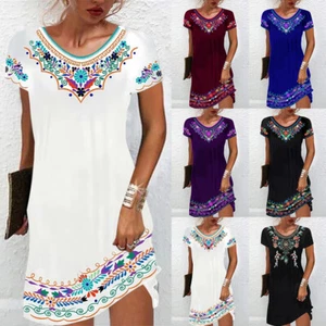 Women Boho Floral Mini Dress Ladies Short Sleeve Holiday Beach Loose Sundress US - Picture 1 of 20