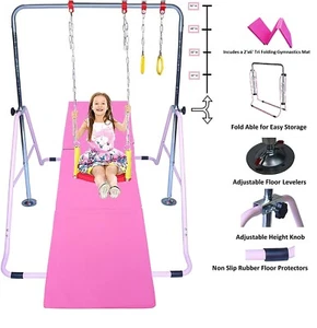 Jungle Kids Monkey Horizontal Kip Bar Pink + 6' Gymnastic Mat + Swing & Trapeze - Picture 1 of 7