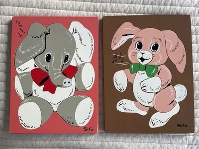 VTG Sifo Wooden Puzzles 60’s Set Of 2 Elephant Terump Pink Bunny COMPLETE - Image 1 of 4