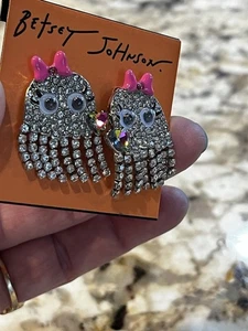 Betsey Johnson Cute Ghost Shaky Fringe Pink Bow Heart Earrings 1.25” - Picture 1 of 6
