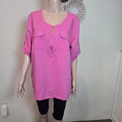Blusa túnica Ellen Tracy Company mezcla de lino XL cremallera cuello peonía rosa lengüeta enrollable Foto 1 de 4
