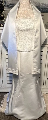 Private Collection White Beaded Wedding Dress With Matching Shawl Sz 8 Straps - Image 1 of 4