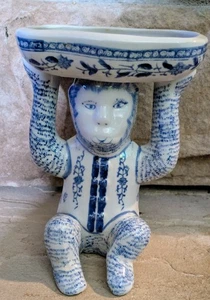 Chinoiserie blau-weiß Keramik sitzender Affe Seifenschale Schüssel Figur 9"x3"x4" - Bild 1 von 9