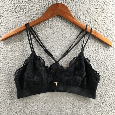 Sujetador con aros Aerie Bralette para mujer mediano negro encaje correas cruzadas pulóver Foto 1 de 4