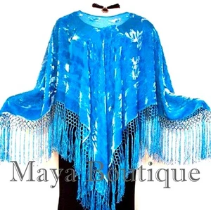 Silk Burnout Velvet Poncho Top Piano Shawl Light Turquoise Maya Poncho - Picture 1 of 1