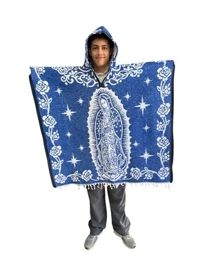 MEXICAN PONCHO WITH HOOD, VIRGEN DE GUADALUPE, BLANKET, ONE SIZE, ROYAL BLUE - Image 1 of 3