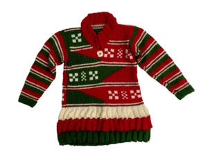 HANDMADE HAND KNITTED Girls Red Green Long Sleeve Winter Dress Size Approx 4 5 - Picture 1 of 7