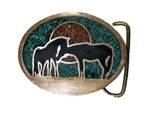 Harmony Metal Colorado Brass Horses Crushed Turquoise Vintage Belt Buckle - Picture 1 of 2