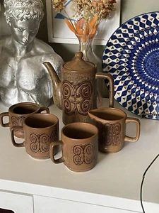 Retro Japan Steinzeug Kunstkeramik Braun Schnörkel Kaffee Set Teekanne Tassen 5er Set - Bild 1 von 5