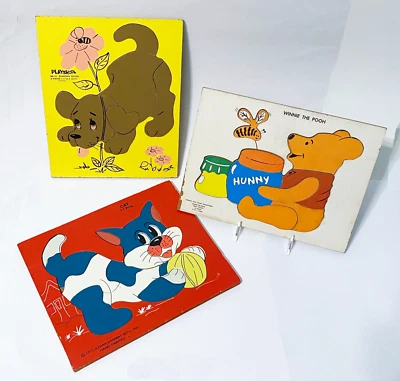 Vintage Wooden Puzzles Winnie the Pooh, Dog, Cat, Playskool, Disney, 1965 - 1971 - Image 1 of 4