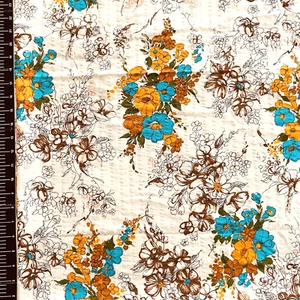 Vintage 1960s Floral Flower Power Seersucker Cotton Fabric Browns Large Remnant - Picture 1 of 2