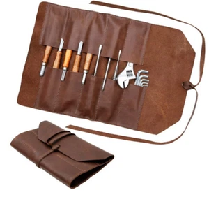 tool storage bag pocket roll outdoor Pouch holder case Cow Leather brown H30 - Picture 1 of 8