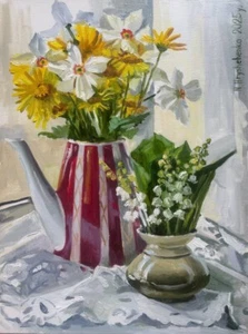 Still life Original Oil Painting Wildlowers and daffodils, lily of the valley - Picture 1 of 10