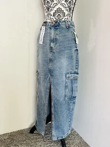 Love Fire Women’s Blue Distressed Front Slit Cargo Denim Maxi Skirt Size 3 NWT - Picture 1 of 14