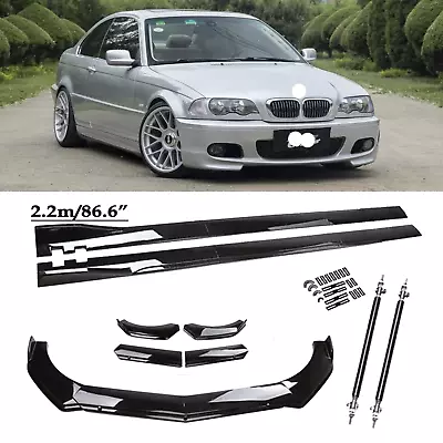 For BMW 3 Series E46 Gloss Black Front Bumper Lip Spoiler 86.6" Side Skirt Rods - Image 1 of 4