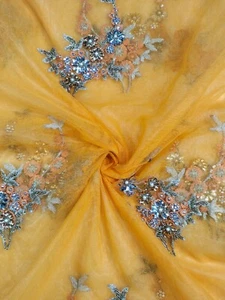 Orange Net George Fabric With Gold And Silver Stone Beaded Lace For Women Dress - Picture 1 of 2