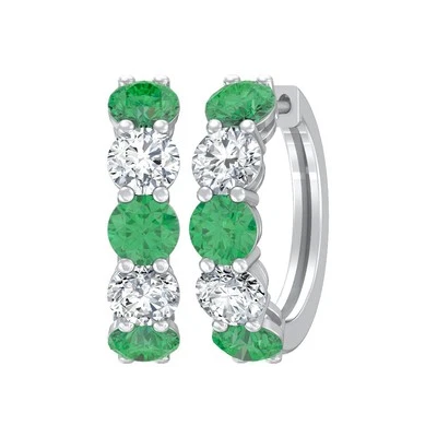 Natural Emerald & Lab Grown Diamond Hoop Earrings 10K White Gold 3.21gm - Image 1 of 4