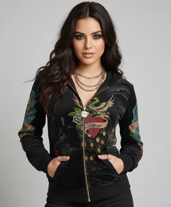 Vtg Y2K Ed Hardy Black Velour Zip Up Skull Tattoo Hoodie McBling Jacket Womens S - Picture 1 of 11