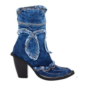 Cowboy Denim Boots, Blue Women's Boots, Heeled Short Western Boots/Birthday Gift - Picture 1 of 6