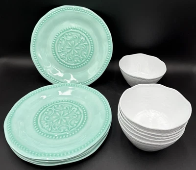 Camping RV Casual 11 Piece Dish Set 5 Dinner Plates Green 6 Bowls White Melamine - Image 1 of 4
