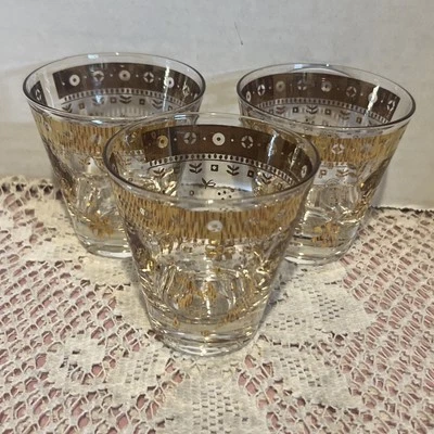 Juego de 3 vasos bajos vintage George Briard jardín persa oro transparente MCM Foto 1 de 4