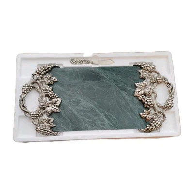 Godinger Green Marble Tray Silver plated grape design with server Knife  - Image 1 of 4