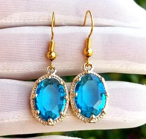 14k Gold BlueTopaz Earrings, Oval Australian Crystal Blue Topaz Dangle Earrings - Picture 1 of 5