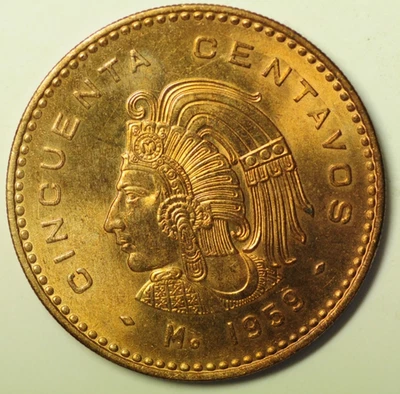 mw28418 Mexico Bronze 50 Centavos 1959 Mo  Cuauhtémoc  KM#450    Red UNC - Image 1 of 2