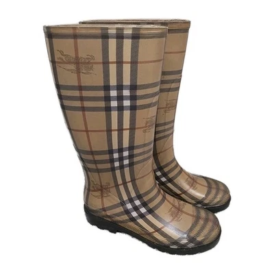 Botas de lluvia Burberry Haymarket Nova a cuadros de goma marrón para mujer talla US 5  Foto 1 de 4