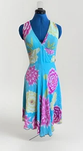 Vintage 90s Sue Wong Silk Lace Up Back Tie Teal Floral Halter Dress 10 *Flaws - Picture 1 of 15