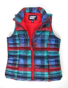 Lands End Down Puffer Vest Womens Medium 10-12 Plaid Red Blue Green Zip Up - Picture 1 of 9