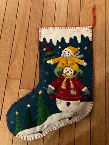 Vintage Christmas Stocking Felt 3D Snowman and child - Picture 1 of 4