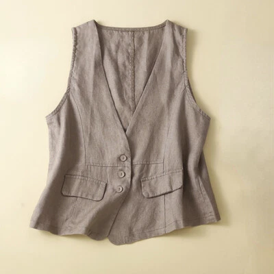 Ladies Solid Tank Top Cotton Linen Vest V-neck Waistcoat Sleeveless Button Chic - Image 1 of 4