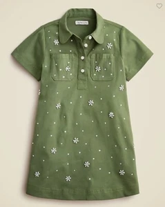 New Crewcuts Girls Flower Embellished Shirt Dress 12 Twill Moss Green - Picture 1 of 4