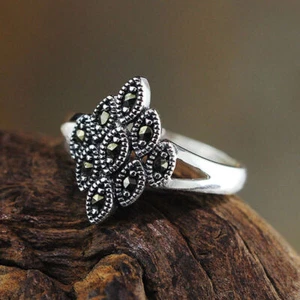 925 Sterling Silver Oval Marcasite Adjustable Ring A3330 - Picture 1 of 9