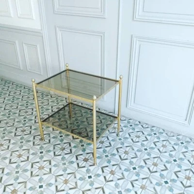 Importante Desserte Laiton rectangle Verre Maison Bagues Jansen Charles 1960 - Photo 1/4