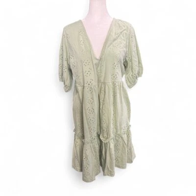 Asos Design broderie V-neck smock dress with puff sleeves sage green Size 8 - Image 1 of 4