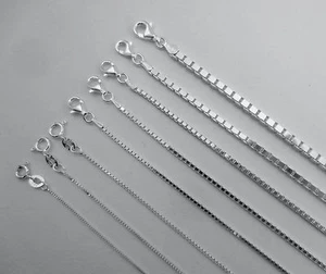 Box chain. Sterling Silver Pure .925 Italian Necklace 1mm,2mm,3mm. 14 to 30 inch - Picture 1 of 9