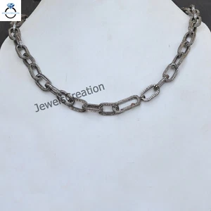 28.10 Cts Pave Diamond 22"Sterling Silver Link Chain Diamond Spring Lock Jewelry - Picture 1 of 5