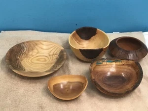 Set Of 5 Handmade Wooden Bowls In Assorted Sizes & Grain Patterns - Picture 1 of 10