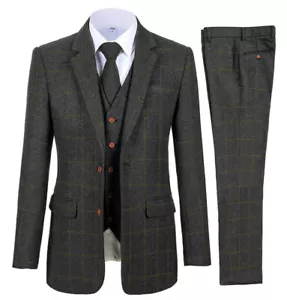 Dark Green Plaid Men Tweed Suit Vintage Wedding Groom Tuxedos Suit Prom Party - Picture 1 of 9