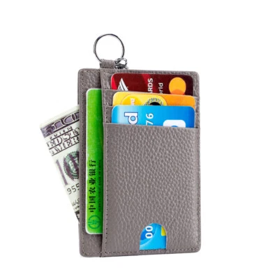 Hombres Mujeres Cuero Pequeño Portatarjetas de Crédito Identificación Cartera Delgada Cartera con Llavero Foto 1 de 4