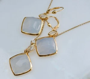 Aqua blue Chalcedony Necklace set in Sterling Silver Sea Foam Blue Pendant - Picture 1 of 6