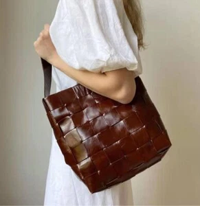 Cowhide Leather Bucket Bag Handwoven Chocolate Brown, Coffee, Black - Picture 1 of 10