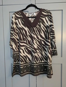 Susan Graver Size XL Liquid Knit Top Brown Animal Print 3/4 Sleeve Tunic V-neck - Picture 1 of 9